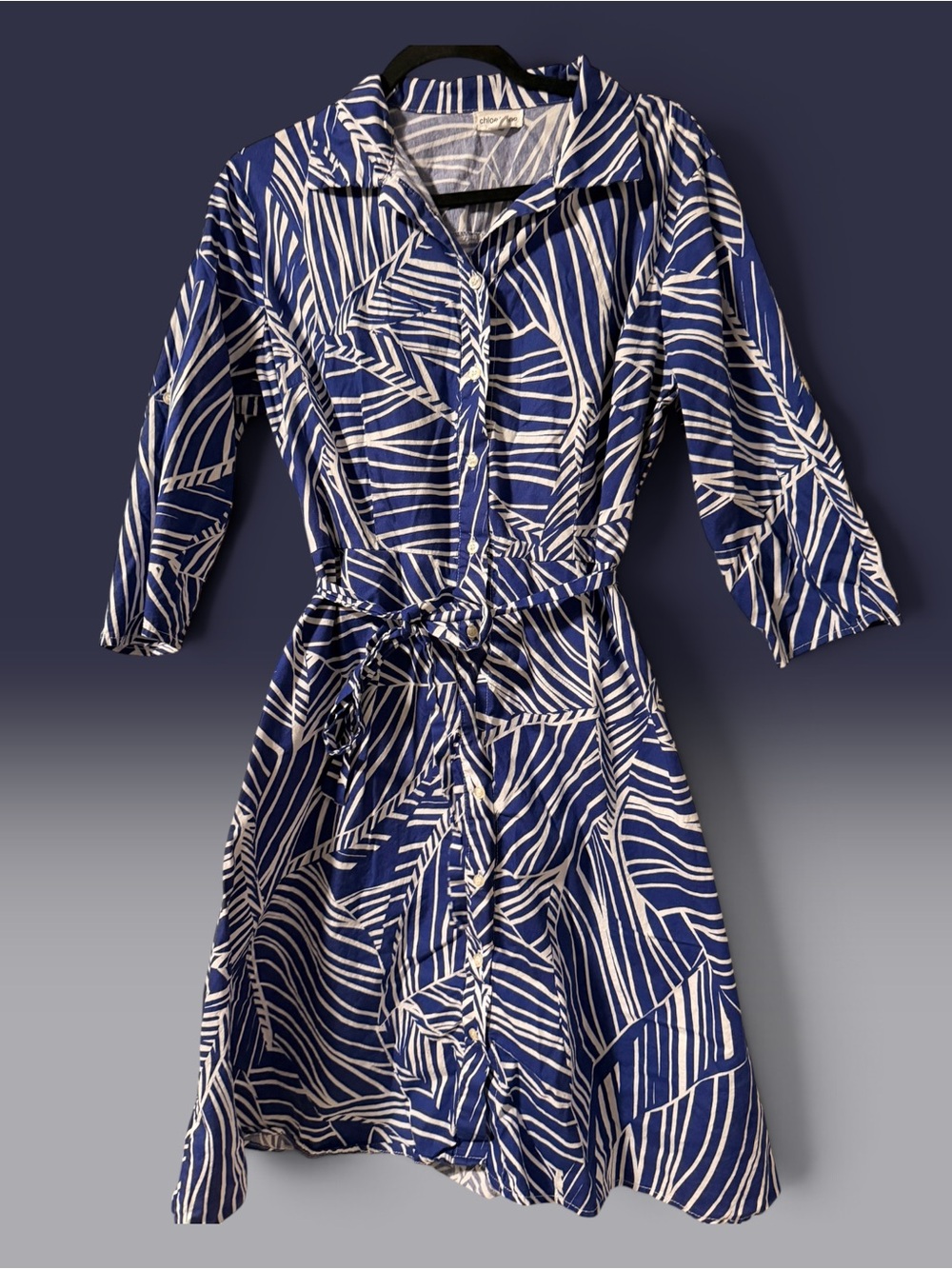 Blue & White Printed Button-Front Midi Dress with Tie Waist-worn once